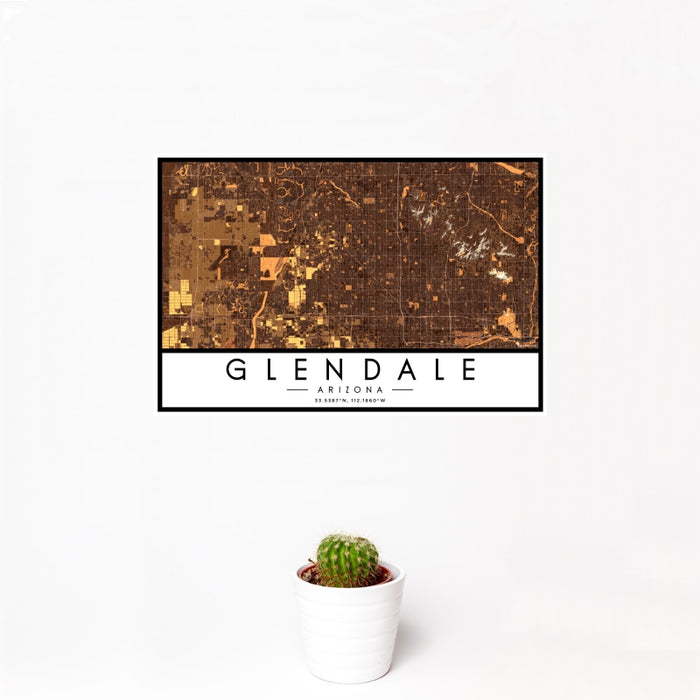 12x18 Glendale Arizona Map Print Landscape Orientation in Ember Style With Small Cactus Plant in White Planter