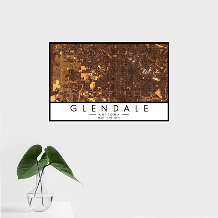 16x24 Glendale Arizona Map Print Landscape Orientation in Ember Style With Tropical Plant Leaves in Water