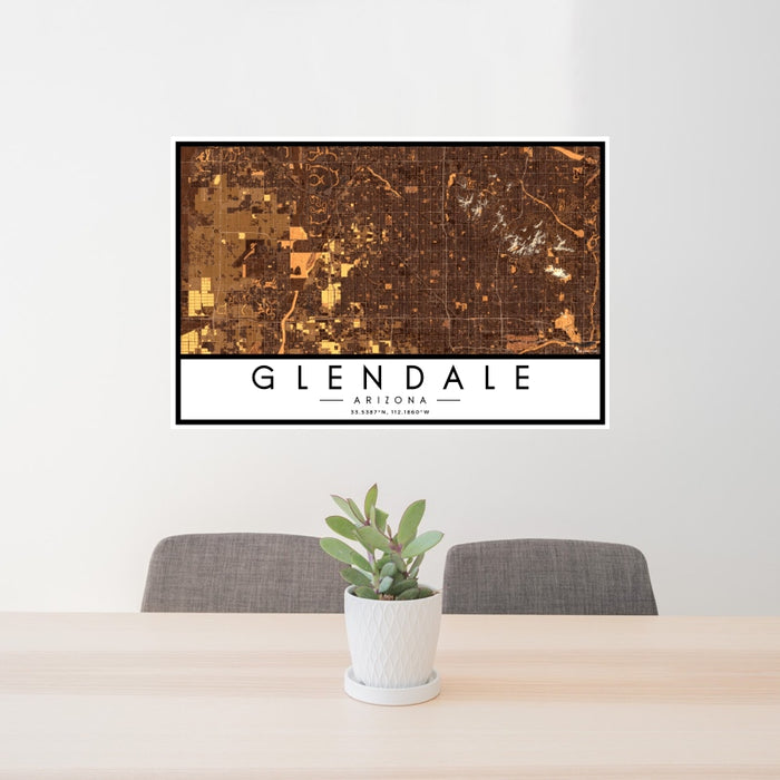 24x36 Glendale Arizona Map Print Landscape Orientation in Ember Style Behind 2 Chairs Table and Potted Plant