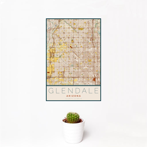 12x18 Glendale Arizona Map Print Portrait Orientation in Woodblock Style With Small Cactus Plant in White Planter