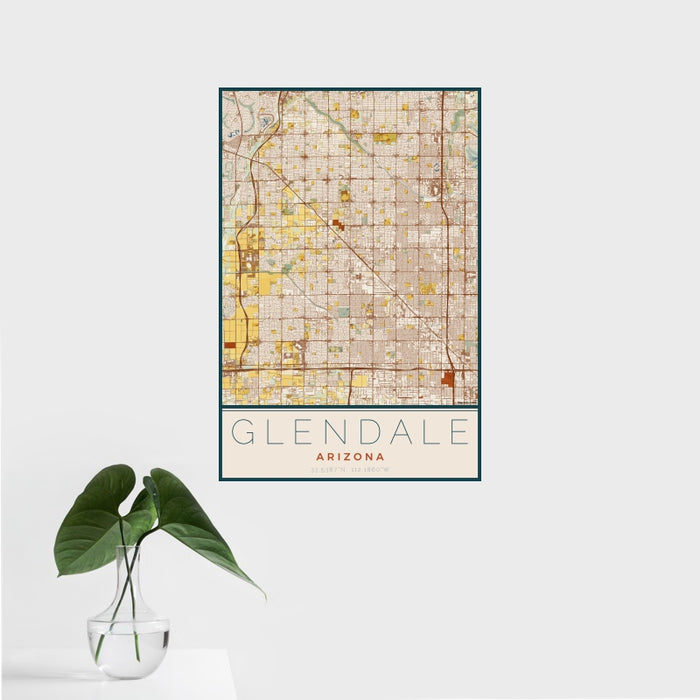 16x24 Glendale Arizona Map Print Portrait Orientation in Woodblock Style With Tropical Plant Leaves in Water