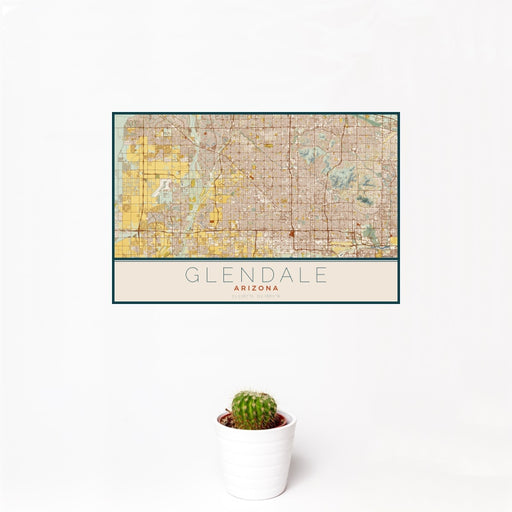 12x18 Glendale Arizona Map Print Landscape Orientation in Woodblock Style With Small Cactus Plant in White Planter