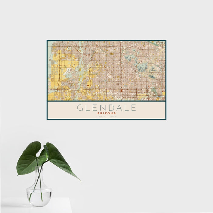 16x24 Glendale Arizona Map Print Landscape Orientation in Woodblock Style With Tropical Plant Leaves in Water
