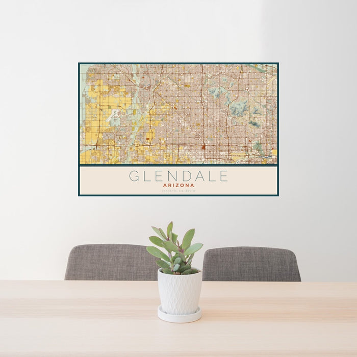 24x36 Glendale Arizona Map Print Landscape Orientation in Woodblock Style Behind 2 Chairs Table and Potted Plant
