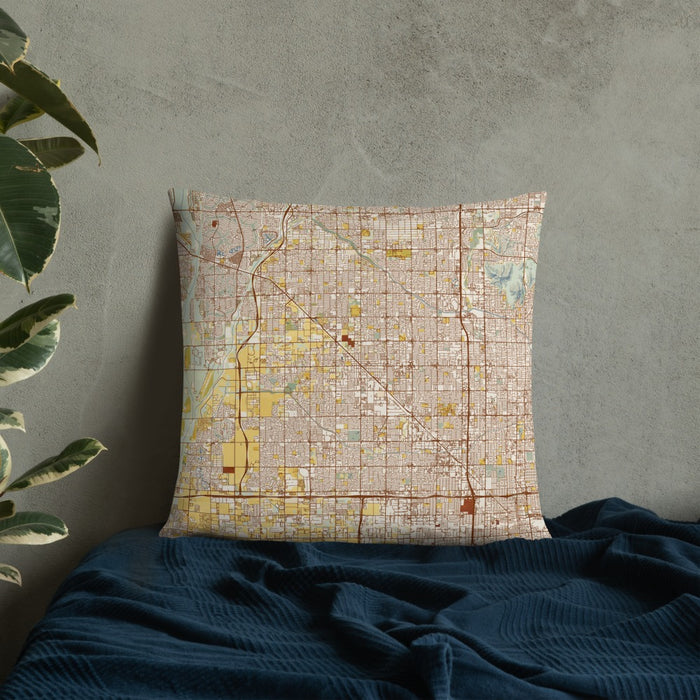 Custom Glendale Arizona Map Throw Pillow in Woodblock on Bedding Against Wall