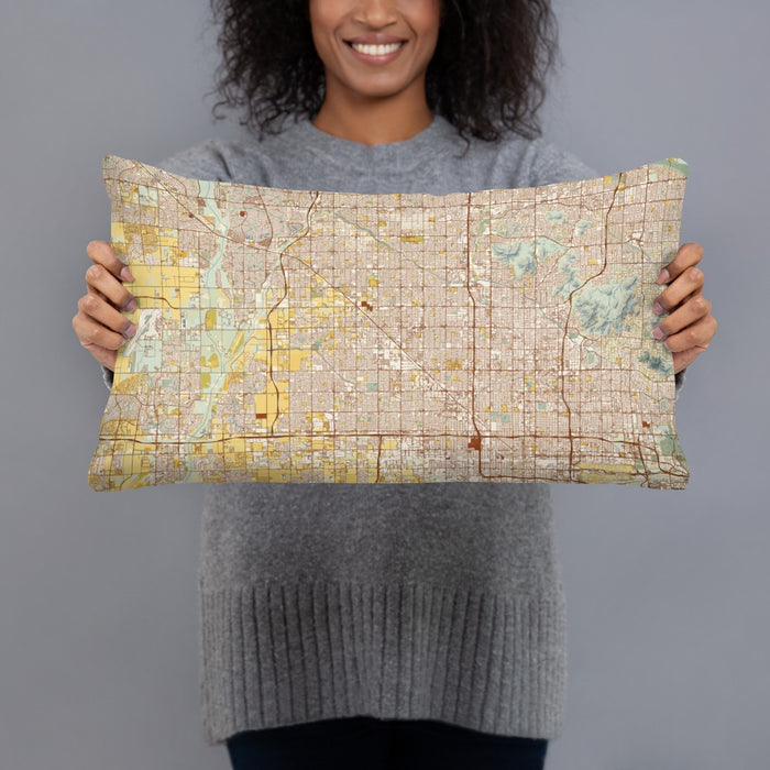 Person holding 20x12 Custom Glendale Arizona Map Throw Pillow in Woodblock