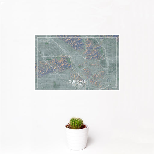 12x18 Glendale California Map Print Landscape Orientation in Afternoon Style With Small Cactus Plant in White Planter