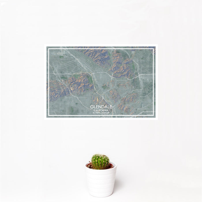 12x18 Glendale California Map Print Landscape Orientation in Afternoon Style With Small Cactus Plant in White Planter