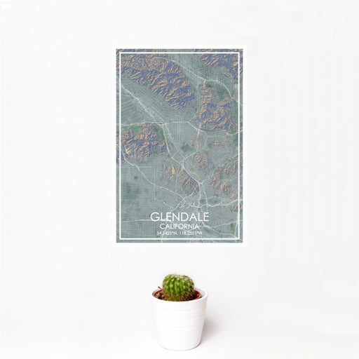 12x18 Glendale California Map Print Portrait Orientation in Afternoon Style With Small Cactus Plant in White Planter