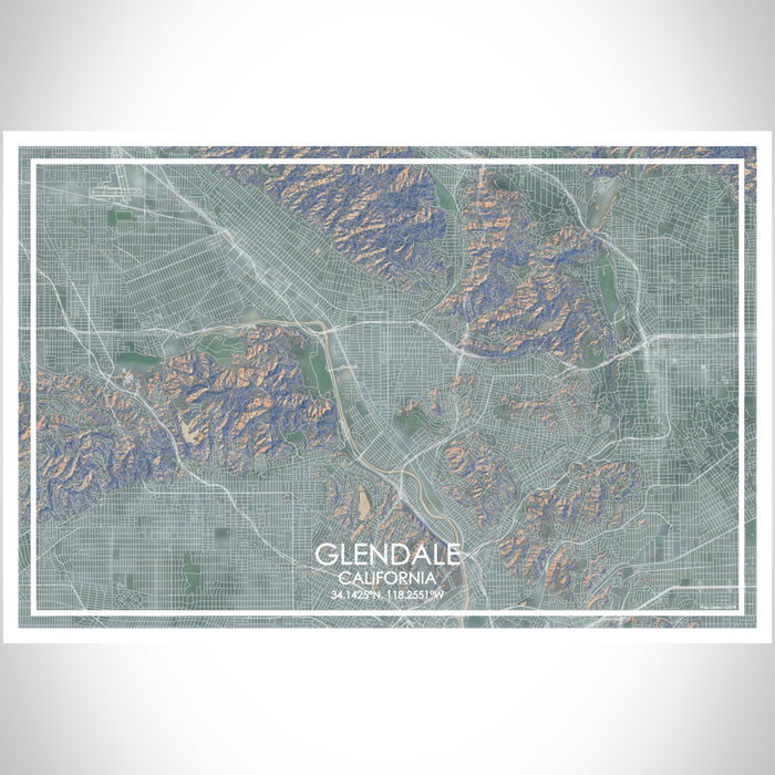 Glendale California Map Print Landscape Orientation in Afternoon Style With Shaded Background