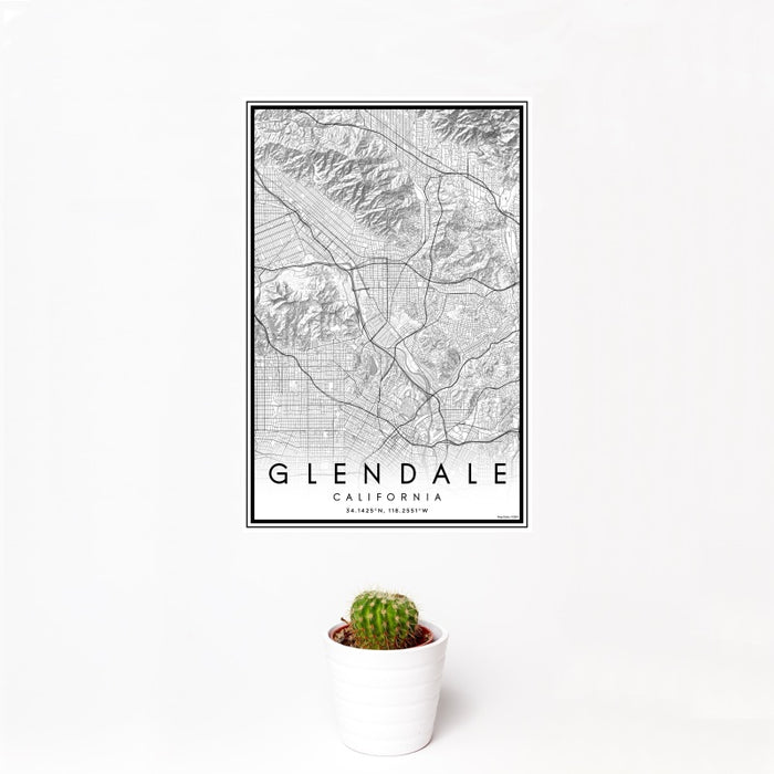 12x18 Glendale California Map Print Portrait Orientation in Classic Style With Small Cactus Plant in White Planter