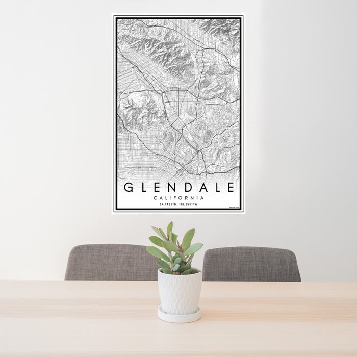 24x36 Glendale California Map Print Portrait Orientation in Classic Style Behind 2 Chairs Table and Potted Plant