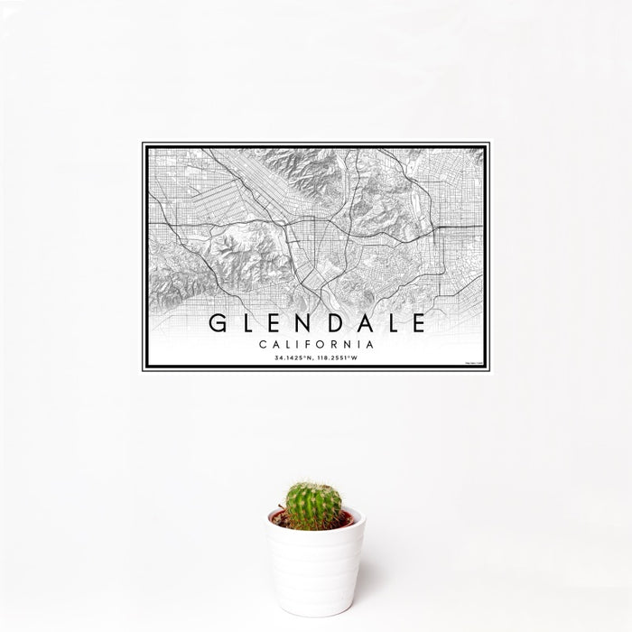 12x18 Glendale California Map Print Landscape Orientation in Classic Style With Small Cactus Plant in White Planter