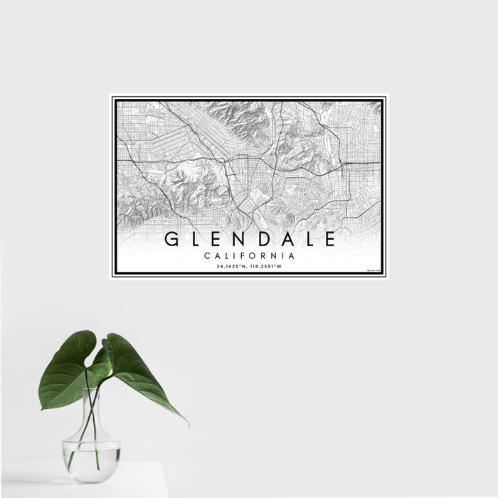16x24 Glendale California Map Print Landscape Orientation in Classic Style With Tropical Plant Leaves in Water