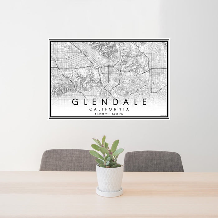 24x36 Glendale California Map Print Landscape Orientation in Classic Style Behind 2 Chairs Table and Potted Plant