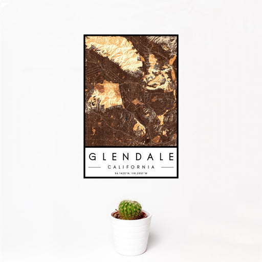 12x18 Glendale California Map Print Portrait Orientation in Ember Style With Small Cactus Plant in White Planter