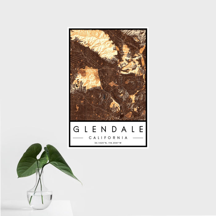 16x24 Glendale California Map Print Portrait Orientation in Ember Style With Tropical Plant Leaves in Water