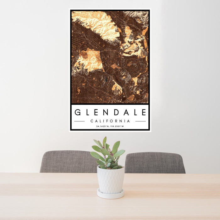24x36 Glendale California Map Print Portrait Orientation in Ember Style Behind 2 Chairs Table and Potted Plant