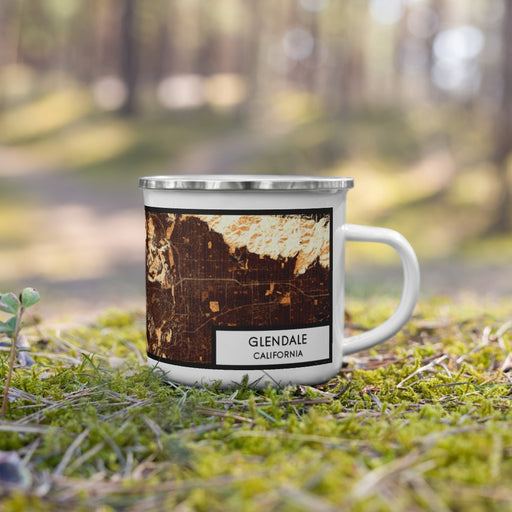 Right View Custom Glendale California Map Enamel Mug in Ember on Grass With Trees in Background