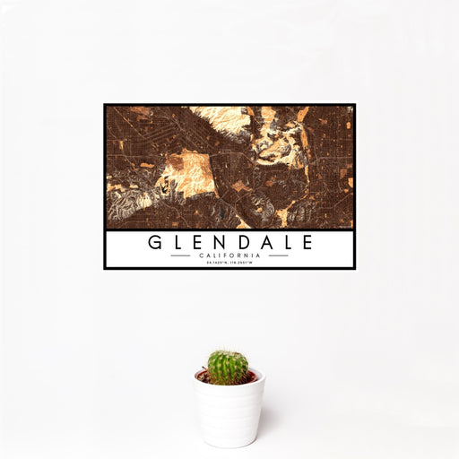 12x18 Glendale California Map Print Landscape Orientation in Ember Style With Small Cactus Plant in White Planter