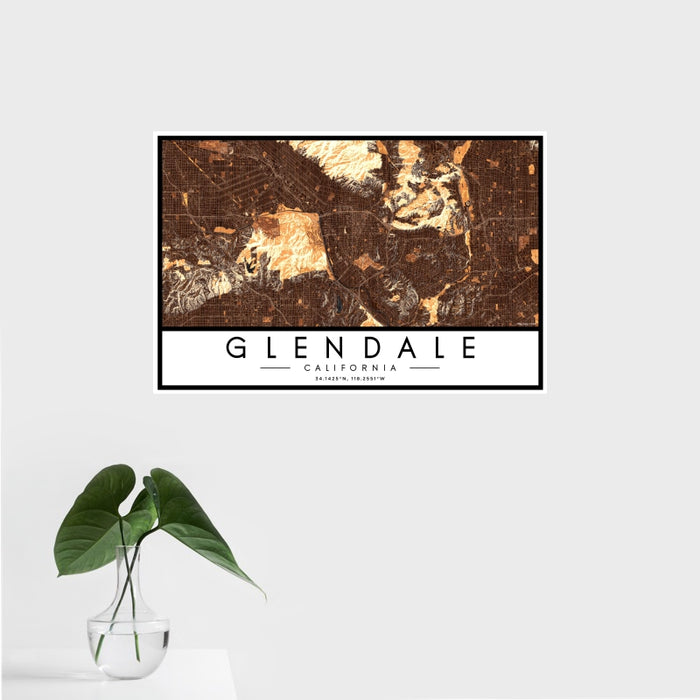 16x24 Glendale California Map Print Landscape Orientation in Ember Style With Tropical Plant Leaves in Water
