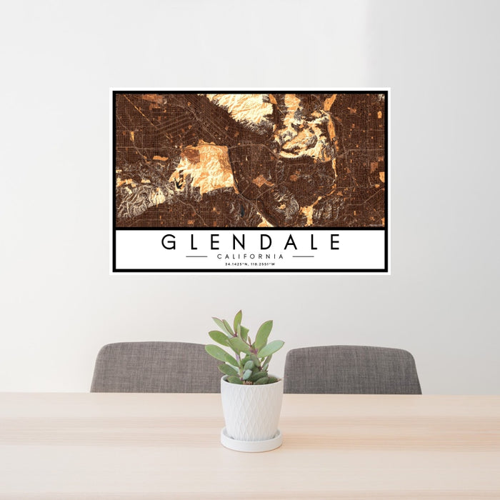 24x36 Glendale California Map Print Landscape Orientation in Ember Style Behind 2 Chairs Table and Potted Plant