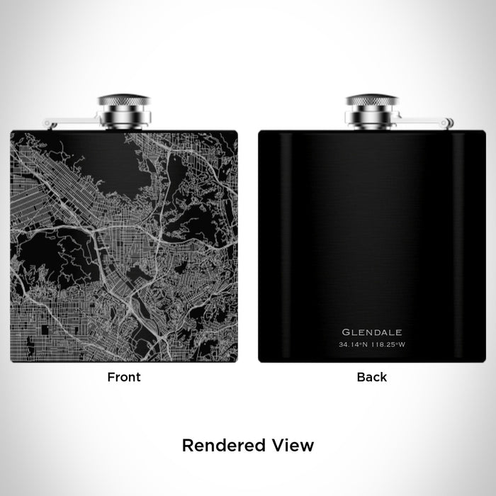 Rendered View of Glendale California Map Engraving on 6oz Stainless Steel Flask in Black
