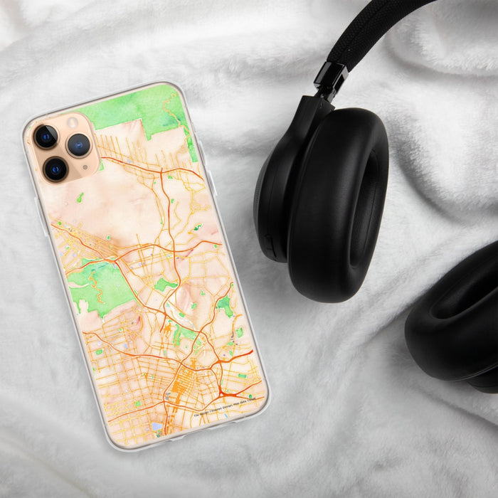 Custom Glendale California Map Phone Case in Watercolor on Table with Black Headphones