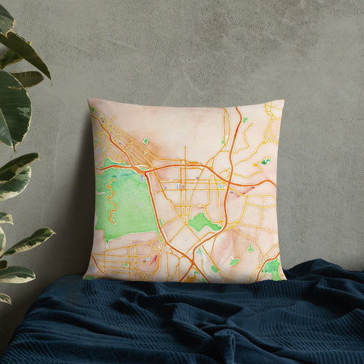 Custom Glendale California Map Throw Pillow in Watercolor on Bedding Against Wall