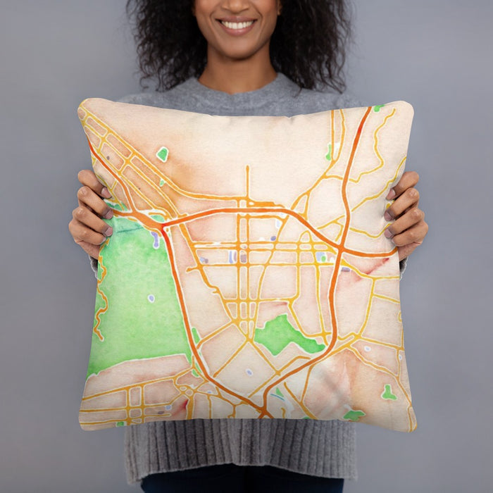Person holding 18x18 Custom Glendale California Map Throw Pillow in Watercolor