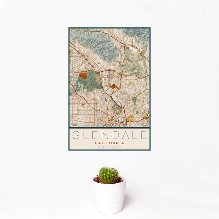 12x18 Glendale California Map Print Portrait Orientation in Woodblock Style With Small Cactus Plant in White Planter