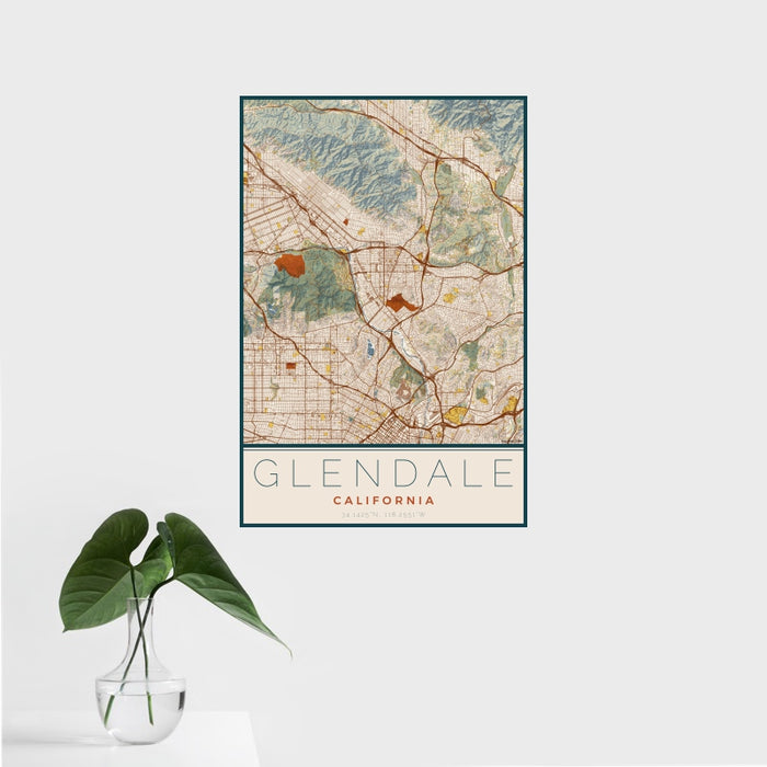 16x24 Glendale California Map Print Portrait Orientation in Woodblock Style With Tropical Plant Leaves in Water