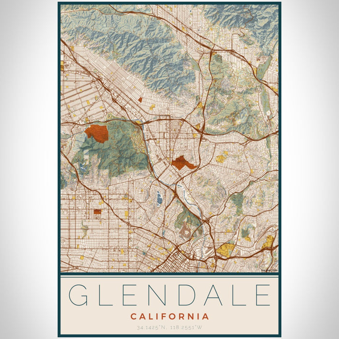 Glendale California Map Print Portrait Orientation in Woodblock Style With Shaded Background