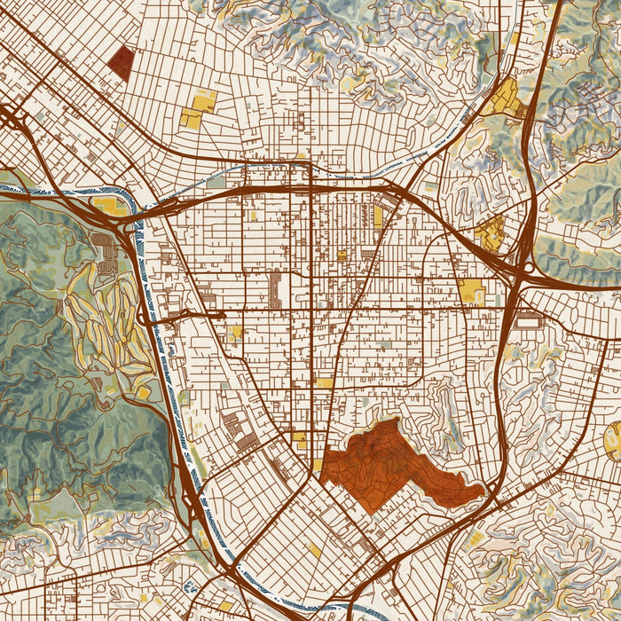 Glendale California Map Print in Woodblock Style Zoomed In Close Up Showing Details