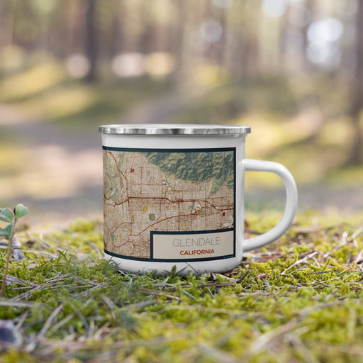 Right View Custom Glendale California Map Enamel Mug in Woodblock on Grass With Trees in Background