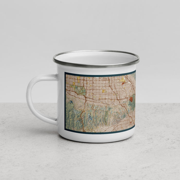 Left View Custom Glendale California Map Enamel Mug in Woodblock