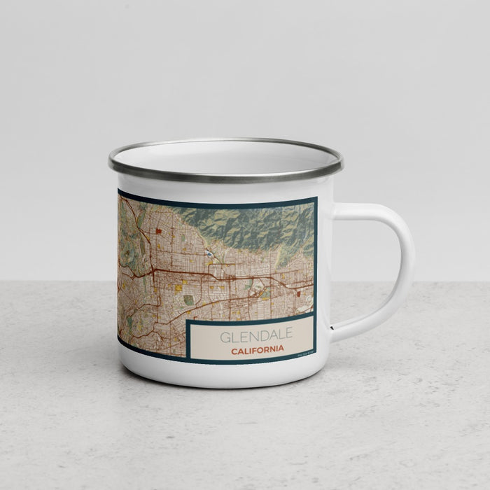 Right View Custom Glendale California Map Enamel Mug in Woodblock