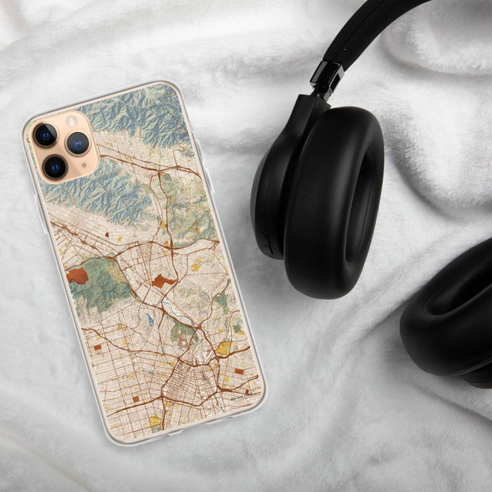 Custom Glendale California Map Phone Case in Woodblock on Table with Black Headphones