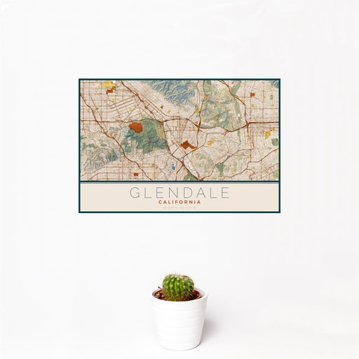 12x18 Glendale California Map Print Landscape Orientation in Woodblock Style With Small Cactus Plant in White Planter