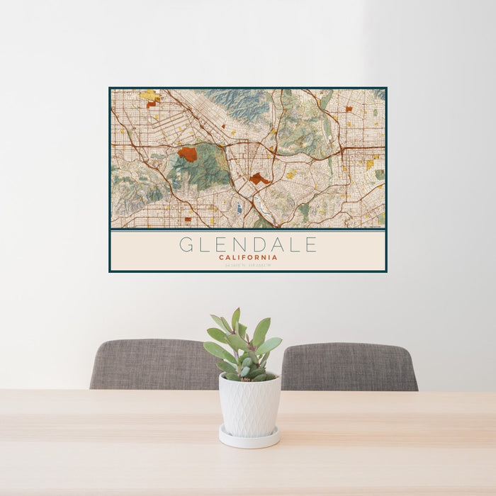 24x36 Glendale California Map Print Landscape Orientation in Woodblock Style Behind 2 Chairs Table and Potted Plant