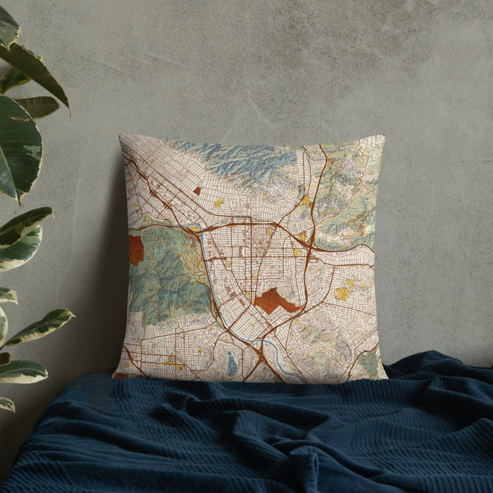 Custom Glendale California Map Throw Pillow in Woodblock on Bedding Against Wall