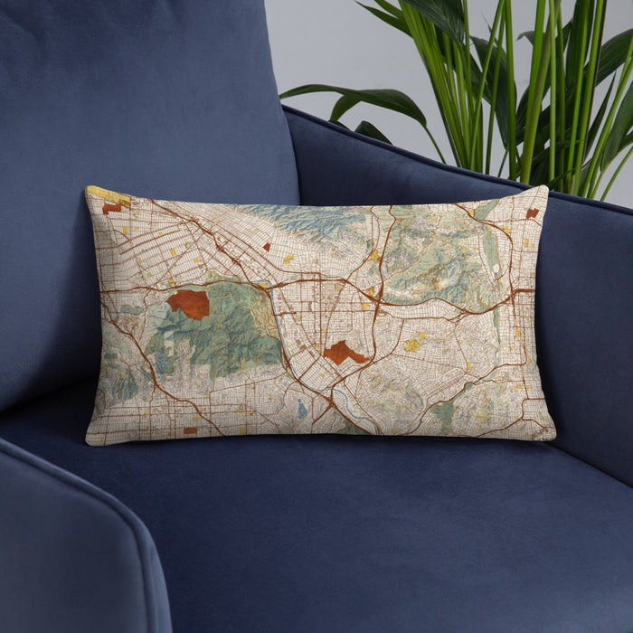 Custom Glendale California Map Throw Pillow in Woodblock on Blue Colored Chair