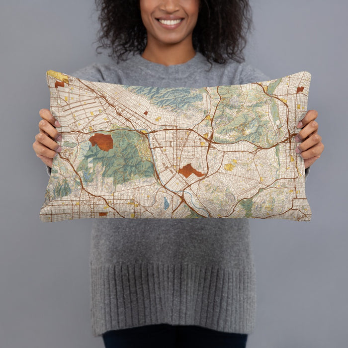 Person holding 20x12 Custom Glendale California Map Throw Pillow in Woodblock