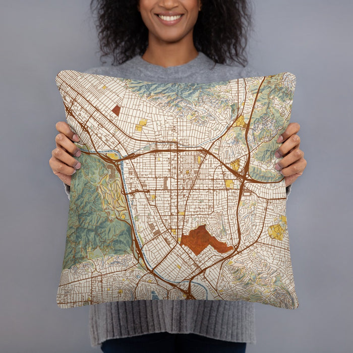 Person holding 18x18 Custom Glendale California Map Throw Pillow in Woodblock