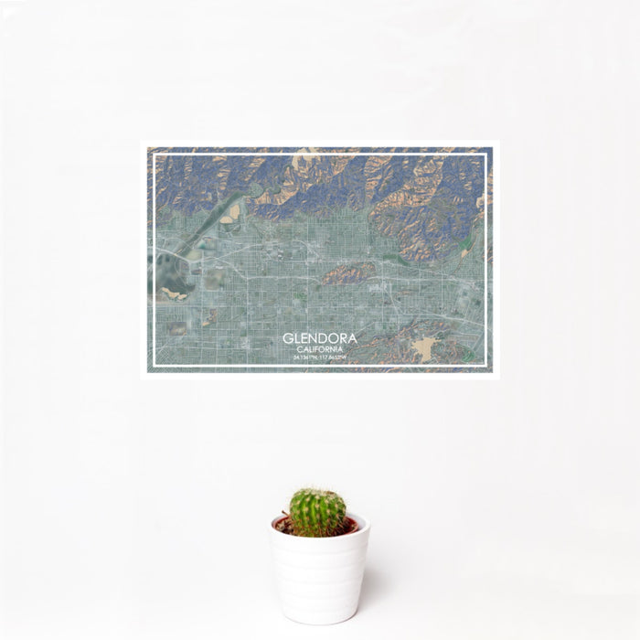 12x18 Glendora California Map Print Landscape Orientation in Afternoon Style With Small Cactus Plant in White Planter