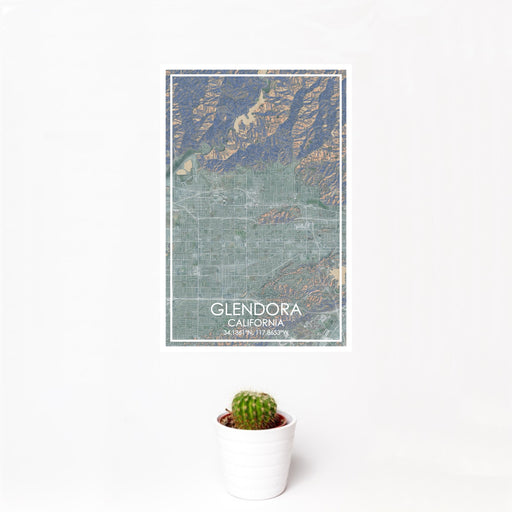 12x18 Glendora California Map Print Portrait Orientation in Afternoon Style With Small Cactus Plant in White Planter