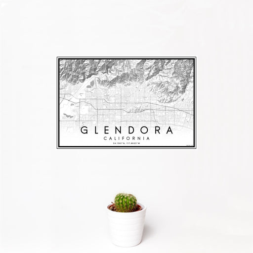 12x18 Glendora California Map Print Landscape Orientation in Classic Style With Small Cactus Plant in White Planter