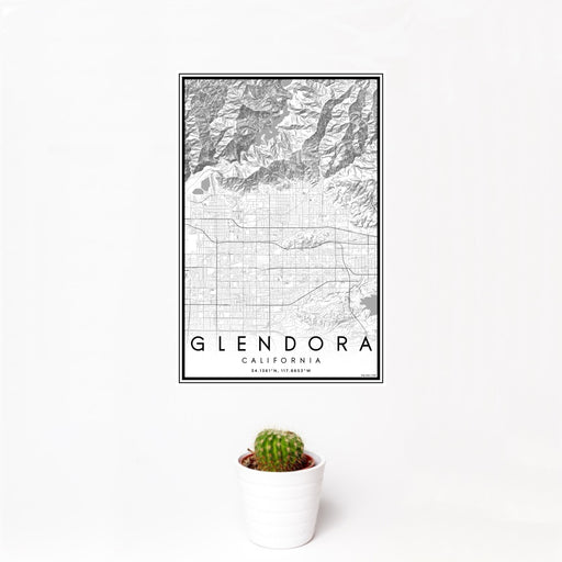 12x18 Glendora California Map Print Portrait Orientation in Classic Style With Small Cactus Plant in White Planter