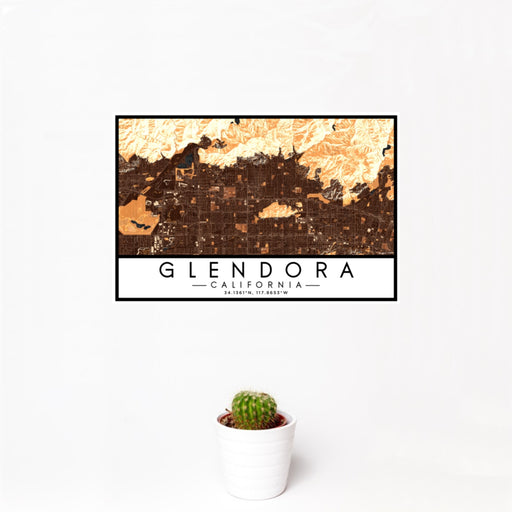 12x18 Glendora California Map Print Landscape Orientation in Ember Style With Small Cactus Plant in White Planter