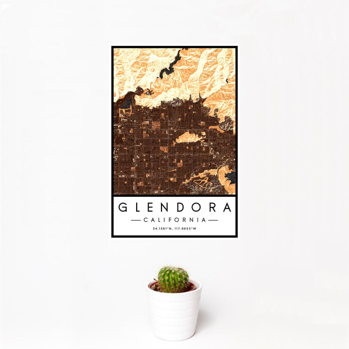 12x18 Glendora California Map Print Portrait Orientation in Ember Style With Small Cactus Plant in White Planter